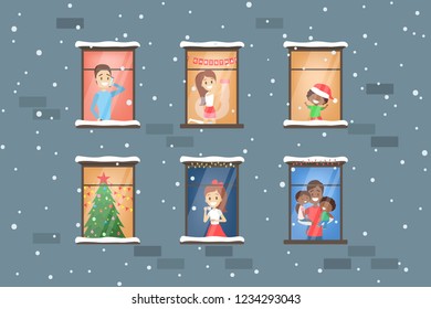 People looking out of the window set. Neighbors in their apartment on winter. Flat vector illustration