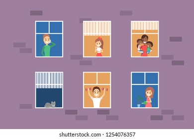 People looking out of the window set. Neighbors in their apartment. Flat vector illustration