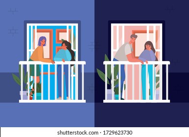 People looking out the windows with balconies from blue building design, stay at home theme vector illustration