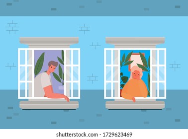 People looking out the windows from blue house design, stay at home theme vector illustration