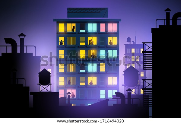 街のアパートの窓から外を見る人々 夜の都会の生活 ベクターイラスト のベクター画像素材 ロイヤリティフリー