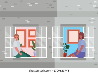 People looking out the windows from gray house design, stay at home theme vector illustration