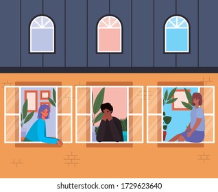 People looking out the windows from orange house design, stay at home theme vector illustration