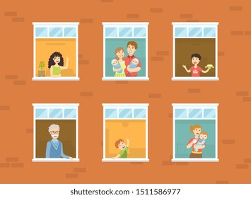 People Looking Out of Windows Set, Neighbors in Their Apartments Greeting Through the Windows Vector Illustration