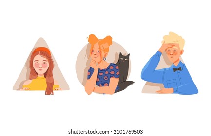 Menschen, die aus Fenstern schauen. Junge Leute, die aus runden und dreieckigen Rahmen herausschauen, Vektorgrafik