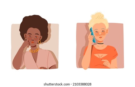 People looking out from windows set. Young woman peeking out from square frames vector illustration