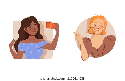 People looking out from windows set. Girls peeking out from square and circular frames vector illustration