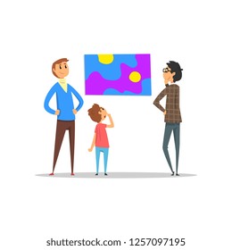 People looking at painting hanging on the wall, art gallery with visitors vector Illustration