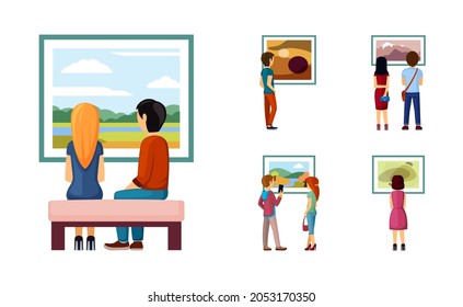 People looking paintings set. Male and female characters exhibition admire classic and contemporary painting collections of artists and landscape painters in stylish designs. Vector cartoon art.