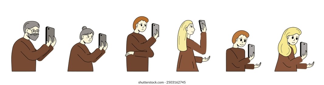 People looking at the phone vector illustration. People of different ages using smartphone. Chatting, work, watch content. Family with phones mother, father, daughter, son, grandmother, grandfather.