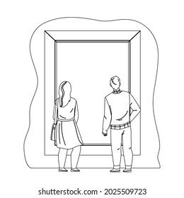 People Looking At Picture Artwork In Museum Black Line Pencil Drawing Vector. Man And Woman Couple Look Together At Exhibit In Art Museum. Characters Tourists On Interesting Exhibition Illustration