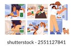 People looking at refrigerator set. Men and women choosing food inside empty or full of products open fridge. Characters check eating on grocery shelves. Flat isolated vector illustrations on white