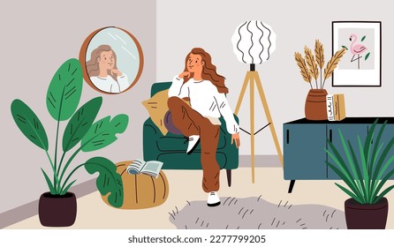 People looking at round mirror. Beautiful girl examines reflection. Cozy room interior. Woman sits in chair. Narcissistic female relaxes in comfortable armchair. Garish