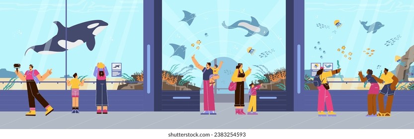 People looking at sea flora and fauna in big tank in oceanarium. Visitors watching underwater marine life scenery. Families and friends study fishes, whale, dolphin. Vector illustration banner.