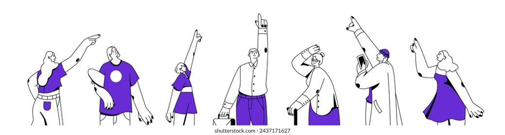 People looking at the sky set. Different characters standing, watching up, gesturing. Men and women pointing finger, showing with hand upward. Flat isolated vector illustration non white background