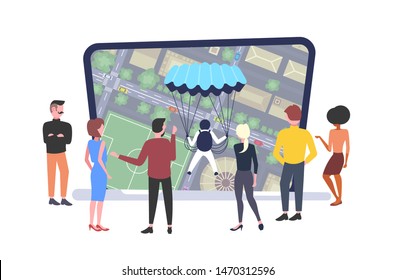 people looking at skydiver flying with parachute over modern city with buildings streets football field and car on roads urban map cityscape top angle view laptop screen