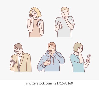 People Looking In Smartphone With Scared Face Expression. Hand Drawn Style Vector Design Illustrations.