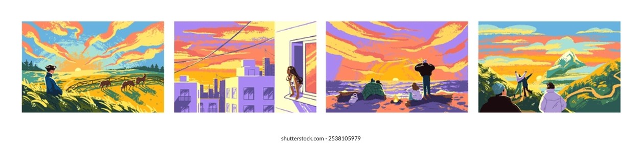 Personas mirando la puesta del sol o la puesta del sol. Personajes felices viendo la puesta del sol, amanecer en el cielo sobre el horizonte, montañas, mar. Paisaje rural en la luz del sol de la mañana o de la tarde. Ilustraciones vectoriales planas