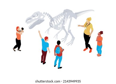 People looking and taking photo of dinosaur skeleton on museum excursion with guide isometric vector illustration