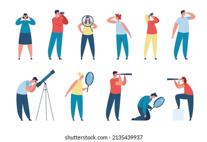 People looking through binoculars and magnifying glass. Characters searching for opportunities and new ideas, man look into future vector set. Female and male workers with spyglass or telescope