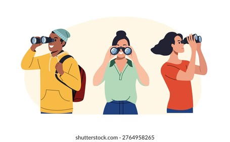 People looking through binoculars, search for opportunities and vision concept. Vector illustration in a flat style.