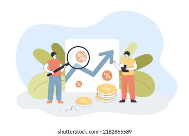 People looking through magnifying glass at profit graph growth. Tiny male analysts analyzing income in percent flat vector illustration. Interest concept for banner, website design or landing web page
