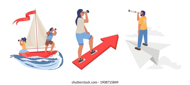 People looking through telescope floating on boat, flying on paper plane, standing on rising arrow, flat vector illustration. To look forward, view to the future, search of new opportunities and ideas