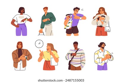 People looking at time on hand watch. Busy punctual men, women checking wristwatch, gesturing with clock on wrist. Delay, hurry, showing deadline. Flat vector illustration isolated on white background