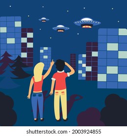 People are looking at UFOs in the sky. Evening city. Three flying saucers descend from the sky. Colorful vector illustration hand drawn