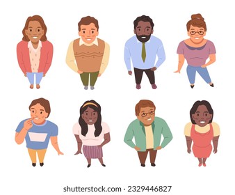 People looking up, happy excited men, women watching in sky, positive emotions. Flat cartoon vector illustration of man and woman standing and gazing upward, multi ethnic characters