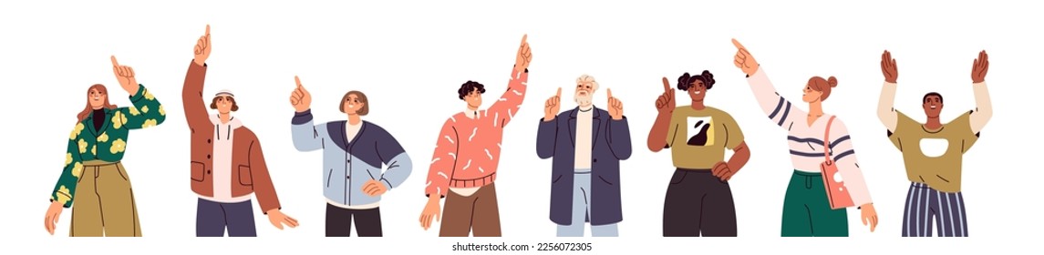People looking up, pointing with fingers upwards set. Happy excited men, women watching in sky, showing with hands, positive emotions. Flat graphic vector illustrations isolated on white background