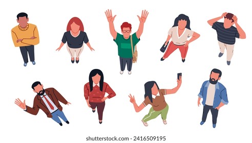 People looking up. Top view standing city persons, men and women look up and wave, surprised characters in flat style, pointing with finger and watching, making selfie, nowaday vector set