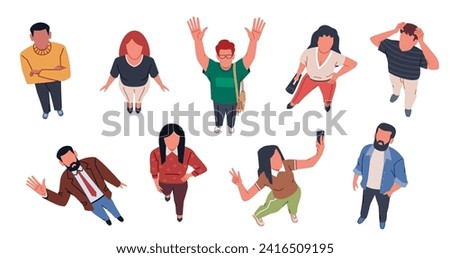 People looking up. Top view standing city persons, men and women look up and wave, surprised characters in flat style, pointing with finger and watching, making selfie, nowaday vector set