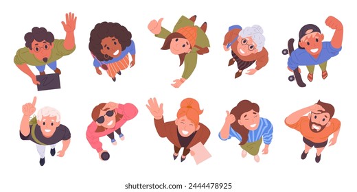 People looking upwards. Male and female characters top view look up, men and women view from above amazed something in sky flat vector illustration set. Cartoon people staring up