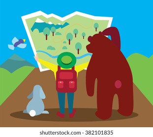 People are looking for the way, walk in the forest, walking in the mountains. Hiking, vector illustration.