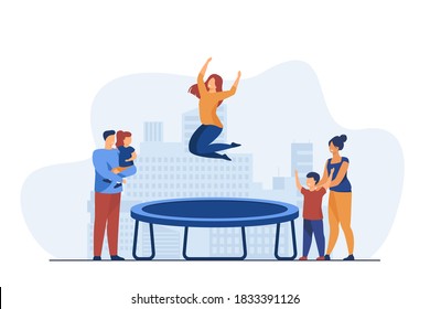 People looking at woman jumping on trampoline. Family together, fun, leisure activities. Vector illustration. Entertainment concept can be used for presentations, banner, website design, landing page