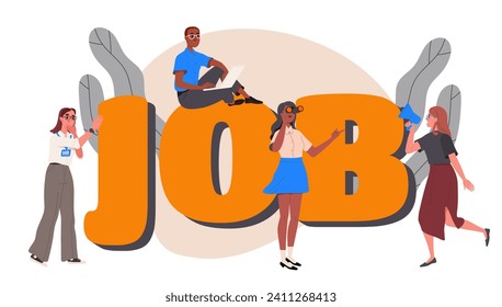 Gente buscando el concepto de trabajo. Hombres y mujeres con inscripciones laborales. Candidatos a vacantes. Empleados desempleados. Niñas con altavoz y binoculares. Dibujo vectorial plano de dibujos animados