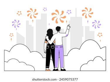 Personas mira a los fuegos artificiales simple. Hombre y mujer miran destellos al cielo. Pareja y pareja celebran fiesta y festival. Cartel o Anuncio. Ilustración vectorial plana lineal aislada sobre fondo blanco