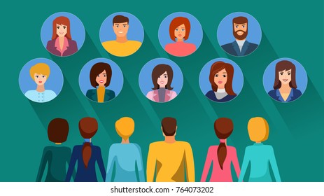 People looks on the portraits f successful people. Vector illustration.