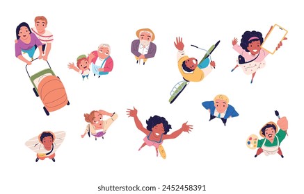 Personas se ve en vista superior. Familia mirando hacia arriba, los personajes indican manos niño persona multicultural cara asombrada mira en el cielo por encima de las cabezas conjunto elegante Ilustración vectorial de la felicidad alegre