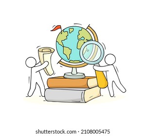 People looks at world globe map through magnifying glass. Concept of travel, study geography or ecology care. Vector hand drawn illustration of doodle men, books and planet Earth globe