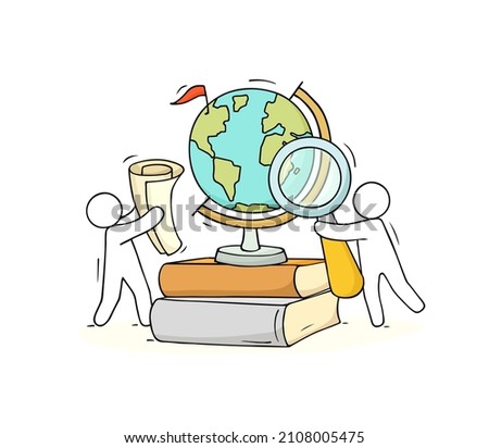 People looks at world globe map through magnifying glass. Concept of travel, study geography or ecology care. Vector hand drawn illustration of doodle men, books and planet Earth globe