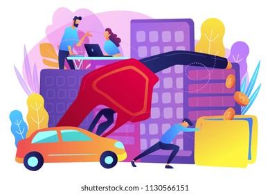 People loosing money by using gas fuel cars. Gas mileage, fuel saving and efficient green eco friendly engine technology concept. Violet palette. Vector illustration on white background. People loosing money by using gas fuel cars. Gas mileage, fuel saving and efficient green eco friendly engine technology concept. Violet palette. Vector illustration on white background.