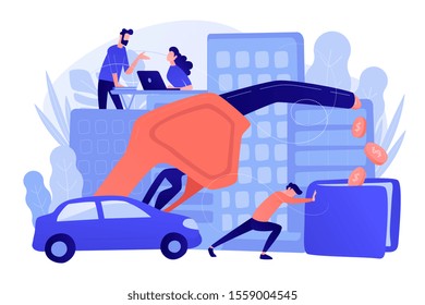 People loosing money by using gas fuel cars. Gas mileage, fuel saving and efficient green eco friendly engine technology concept. Pinkish coral blue palette. Vector illustration on white background.