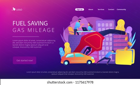 People losing money by using gas fuel cars. Fuel saving and gas mileage landing page. Fuel economy and efficient green eco friendly engine technology. Vector illustration on ultraviolet background.