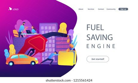 People losing money by using gas fuel cars. Fuel saving engine landing page. Gas mileage, efficient green eco friendly engine technology concept. Vector illustration on ultraviolet background.