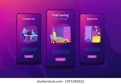 People losing money by using gas fuel cars. Fuel saving and gas mileage landing page. Fuel economy and efficient green eco friendly engine technology. Mobile UI UX GUI template, app interface.