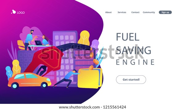 People losing money by using gas fuel cars.\
Fuel saving engine landing page. Gas mileage, efficient green eco\
friendly engine technology concept. Vector illustration on\
ultraviolet background.