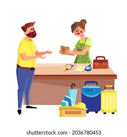 People In Lost And Found Service In Airport Vector. Man Searching Baggage In Lost And Found Service, Woman Office Worker Returning Wallet. Characters Finding Luggage Flat Cartoon Illustration