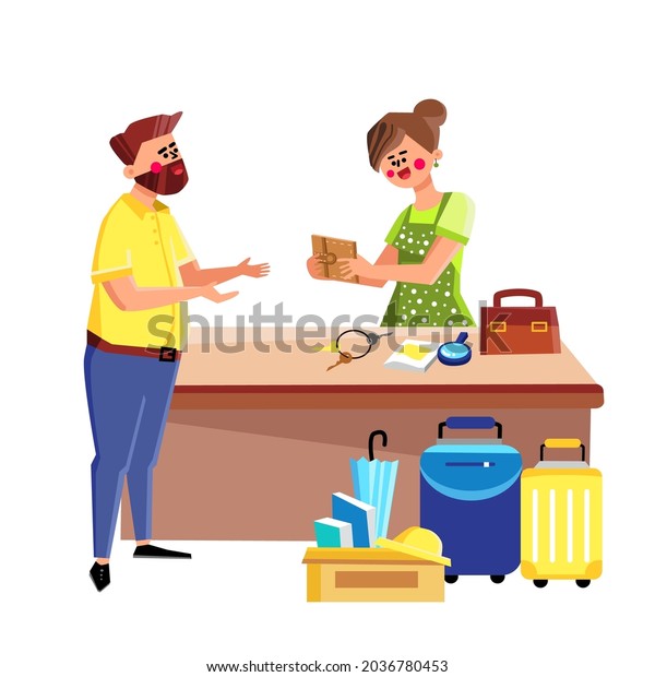 People In Lost And Found Service In Airport\
Vector. Man Searching Baggage In Lost And Found Service, Woman\
Office Worker Returning Wallet. Characters Finding Luggage Flat\
Cartoon Illustration